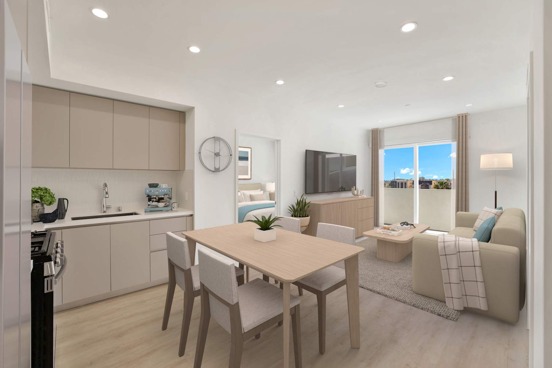 Open living, dining, and kitchen panorama in residence 716